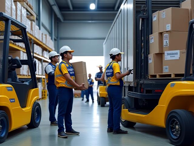 Warehouse workers loading cargo onto a truck