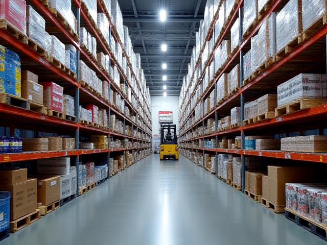 Modern, organized warehouse with shelves and inventory